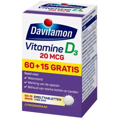 Davitamon Vitamine D3 20 MCG Smelttabletten 60+15 stuks