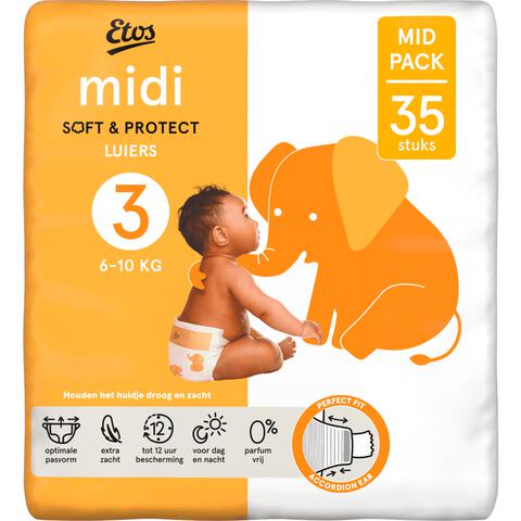 Etos Luiers Midi Maat 3 6-10 kg Mid Pack 35 stuks