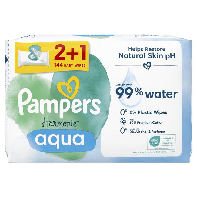 Pampers Harmonie Aqua Billendoekjes 2+1 Promo Pack 3x48 Stuks