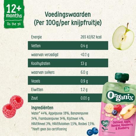 Organix Bio Knijpfruit Haver Appel Banaan Framboos Bosbes 12+ Maanden 100 gram