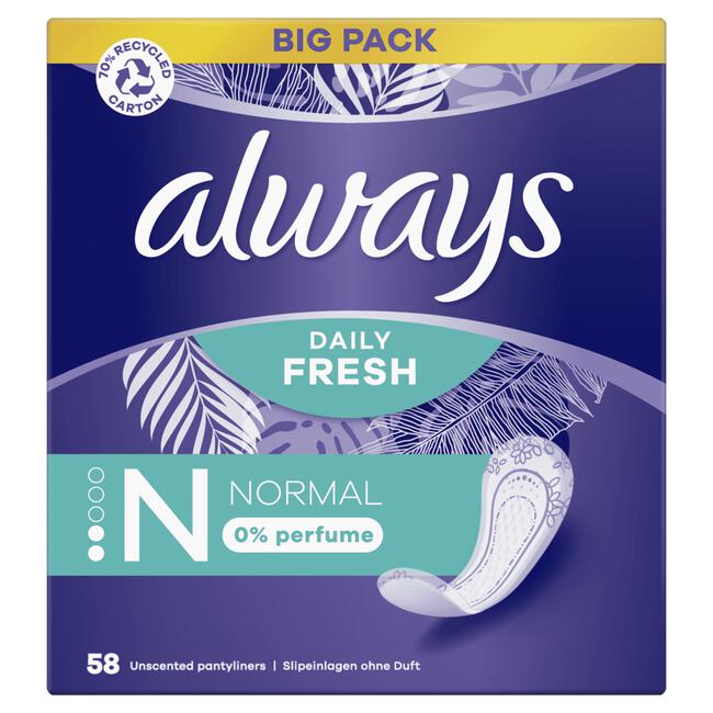 Always Daily Fresh Inlegkruisjes 0% Parfum Normal 58 Stuks
