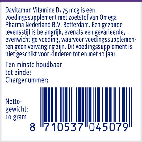 Davitamon Vitamine D3 75 mcg Smelttabletten 60+15 stuks