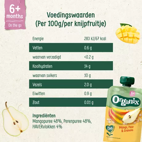 Organix Bio Knijpfruit Mango Peer Granola 6+ Maanden 100 gram
