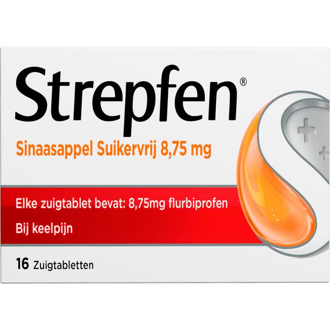Strepfen Sinaasappel Suikervrij 8,75 mg Zuigtabletten 16 Stuks