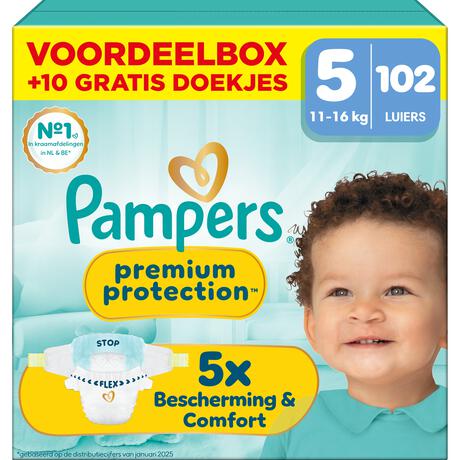 Pampers Premium Protection Voordeelbox Luiers Maat 5 11-16 KG 102 stuks + 10 Pack Billendoekjes