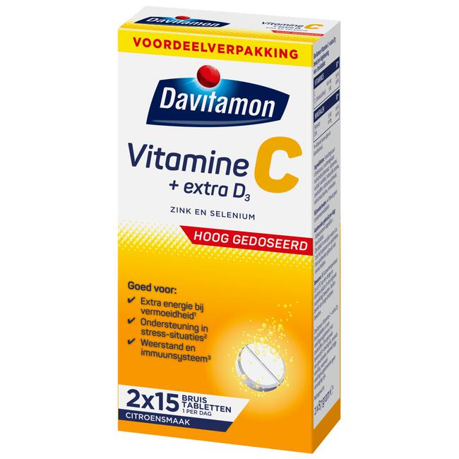 Davitamon Vitamine C Hoog Gedoseerd + Extra Vitamine D3 Bruistabletten Voordeelverpakking 30 stuks