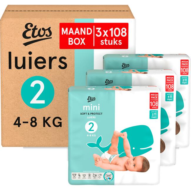 Etos Luiers Mini Maat 2 4-8 kg Maandbox 324 stuks