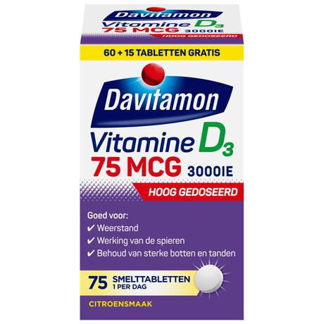 Davitamon Vitamine D3 75 mcg Smelttabletten 60+15 stuks