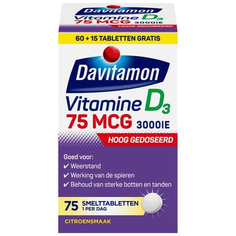 Davitamon Vitamine D3 75 mcg Smelttabletten 60+15 stuks