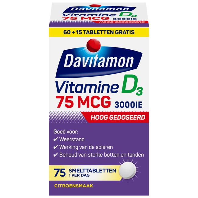 Davitamon Vitamine D3 75 mcg Smelttabletten 60+15 stuks