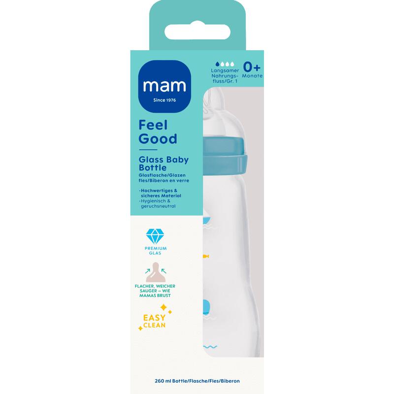 MAM Feel Good Glazen Babyfles Blauw 260 ML