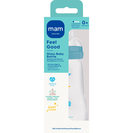 MAM Feel Good Glazen Babyfles Blauw  260 ML