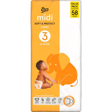Etos Luiers Midi Maat 3 6-10 kg Value Pack 58 stuks