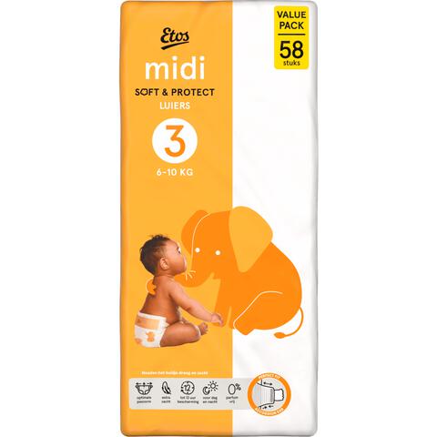 Etos Luiers Midi Maat 3 6-10 kg Value Pack 58 stuks