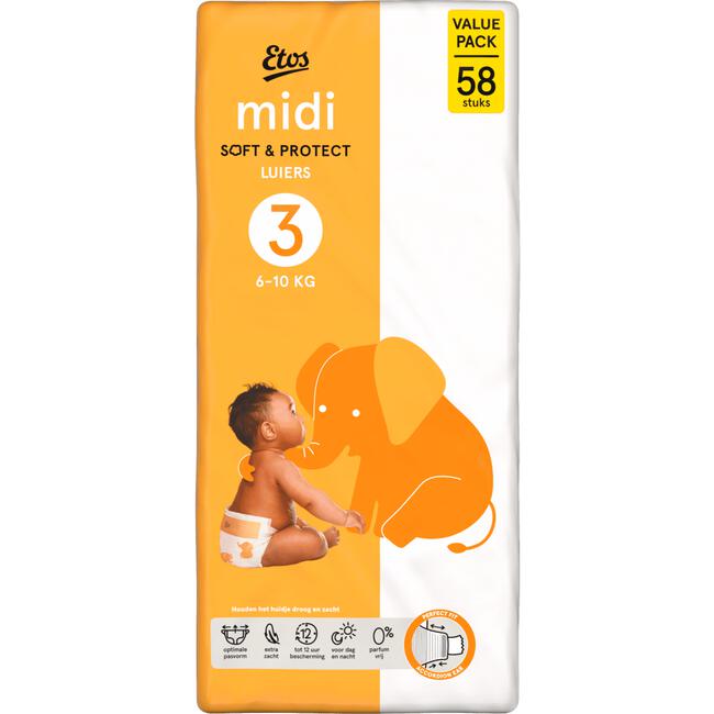 Etos Luiers Midi Maat 3 6-10 kg Value Pack 58 stuks