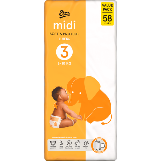 Etos Luiers Midi Maat 3 6-10 kg Value Pack 58 stuks