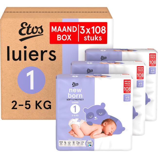 Etos Luiers Newborn Maat 1 2-5 kg Maandbox 324 Stuks