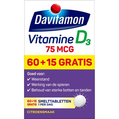 Davitamon Vitamine D3 75 MCG Smelttabletten 60+15 stuks