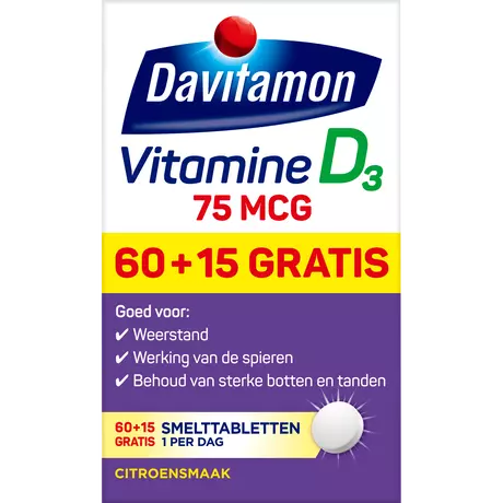 Davitamon Vitamine D3 75 MCG Smelttabletten 60+15 stuks