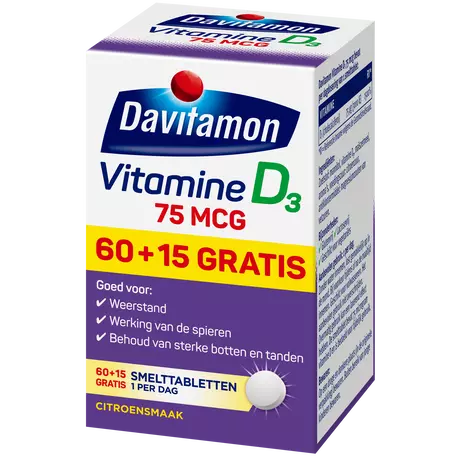 Davitamon Vitamine D3 75 MCG Smelttabletten 60+15 stuks