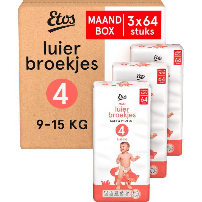 Etos Luierbroekjes Maxi Maat 4 9-15 kg Maandbox 192 stuks