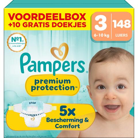 Pampers Premium Protection Voordeelbox Luiers Maat 3 6-10 kg 148 stuks + 10 Gratis Billendoekjes