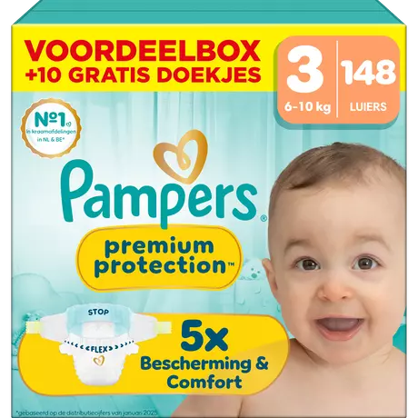 Pampers Premium Protection Voordeelbox Luiers Maat 3 6-10 kg 148 stuks + 10 Gratis Billendoekjes