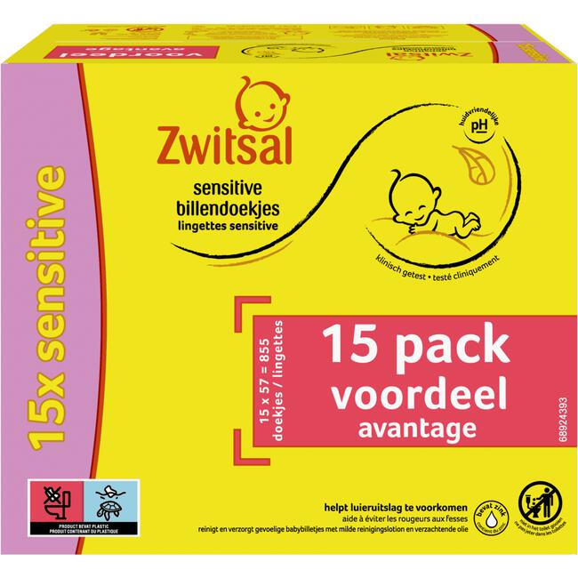 Zwitsal  Sensitive Billendoekjes Voordeelverpakking 15 x 57 Billendoekjes