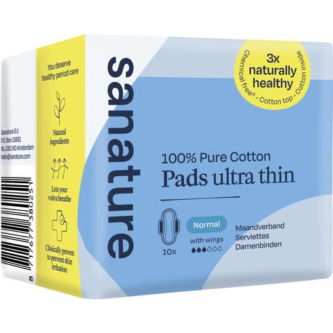 Sanature 100% Katoenen Maandverband Ultra Normaal Met Vleugels 10 stuks