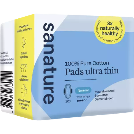 Sanature 100% Katoenen Maandverband Ultra Normaal Met Vleugels 10 stuks