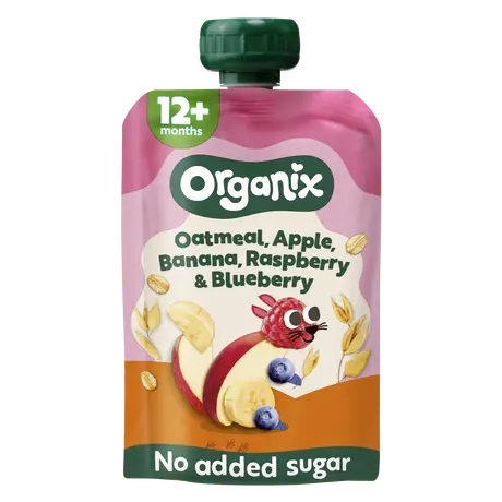 Organix Bio Knijpfruit Haver Appel Banaan Framboos Bosbes 12+ Maanden 100 gram