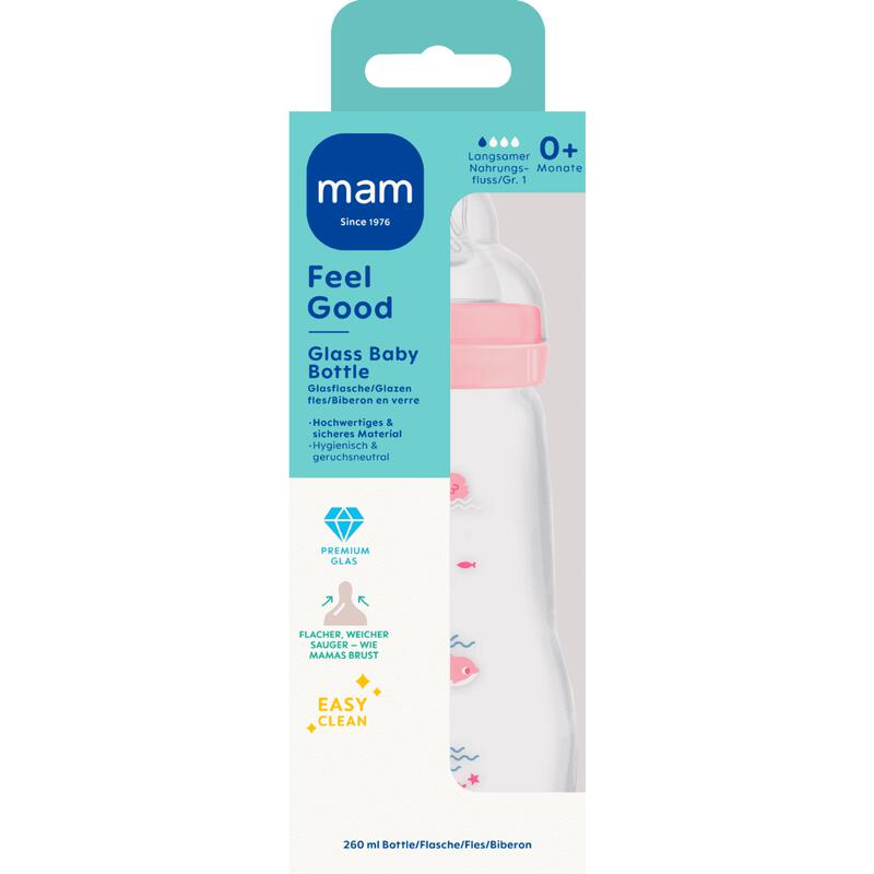 MAM Feel Good Glazen Babyfles Roze 260 ML
