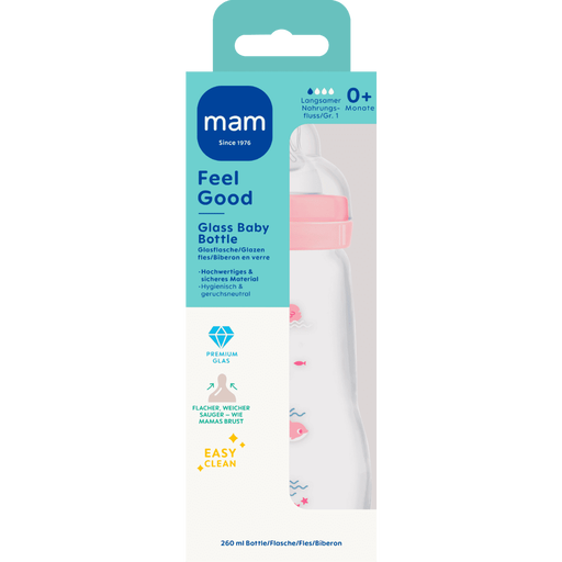 MAM Feel Good Glazen Babyfles Roze 260 ML