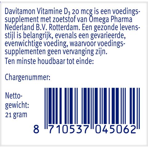 Davitamon Vitamine D3 20 mcg Smelttabletten Voordeelverpakking 150 stuks