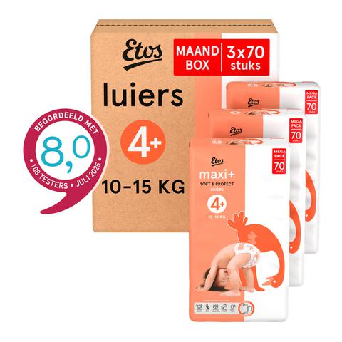 Etos Luiers Maxi+ Maat 4+ 1-15 kg Maandbox 210 stuks
