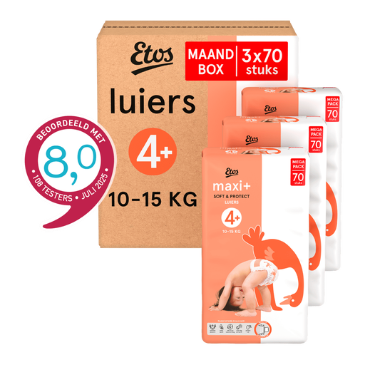 Etos Luiers Maxi+ Maat 4+ 10-15 kg Maandbox 210 stuks