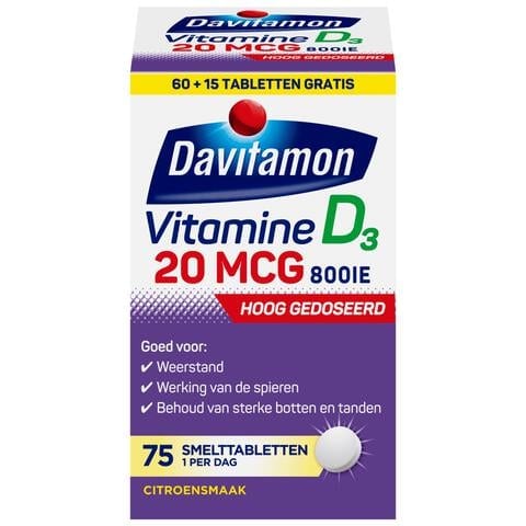 Davitamon Vitamine D3 20 mcg Smelttabletten 60+15 stuks