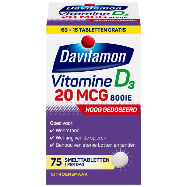 Davitamon Vitamine D3 20 mcg Smelttabletten 60+15 stuks
