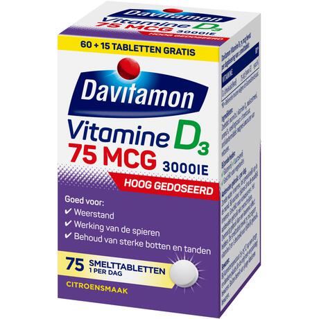 Davitamon Vitamine D3 75 mcg Smelttabletten 60+15 stuks