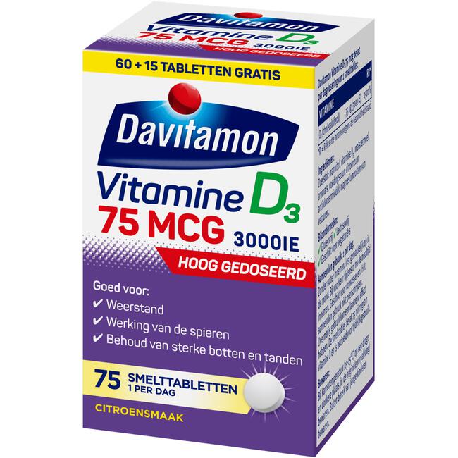Davitamon Vitamine D3 75 mcg Smelttabletten 60+15 stuks