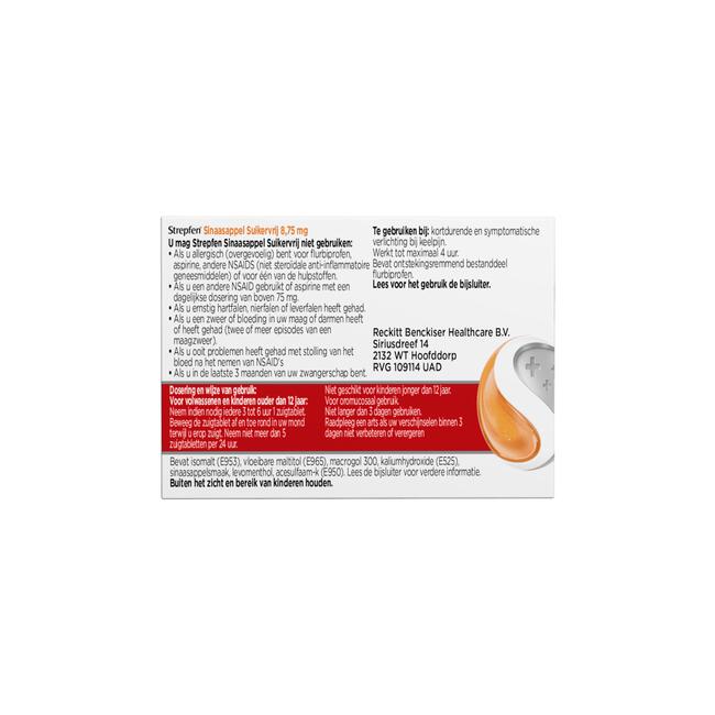 Strepfen Sinaasappel Suikervrij 8,75 mg Zuigtabletten 16 Stuks