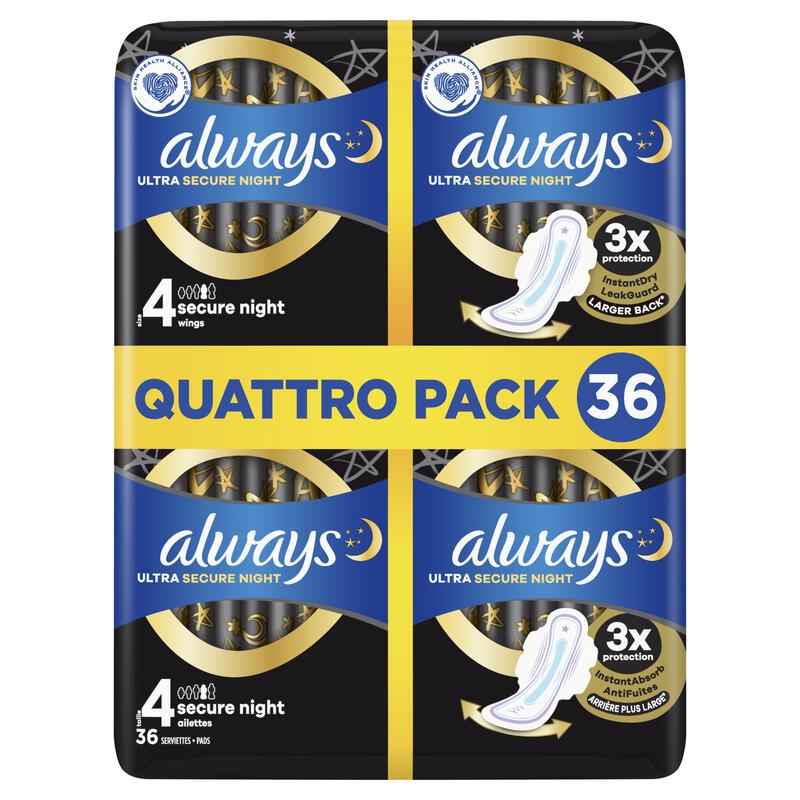 Always Maandverband Ultra Secure Night Wings Quatro Pack 36 stuks