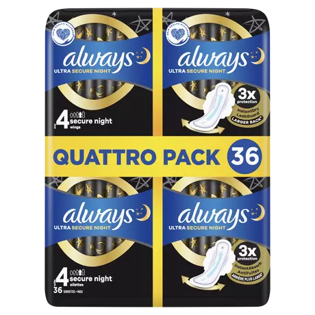 Always Maandverband Ultra Secure Night Wings Quatro Pack 36 stuks