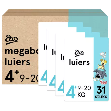 Etos Woezel & Pip Luiers Maxi+ Maat 4+ 9-20 kg Megabox 124 stuks