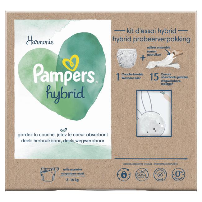 Pampers Harmonie Hybrid 1 Wasbare Luier + 15 Wegwerpbare Toplagen Normaal