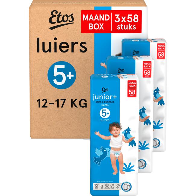 Etos Luiers Junior+ Maat 5+ 12-17 kg Maandbox 174 stuks