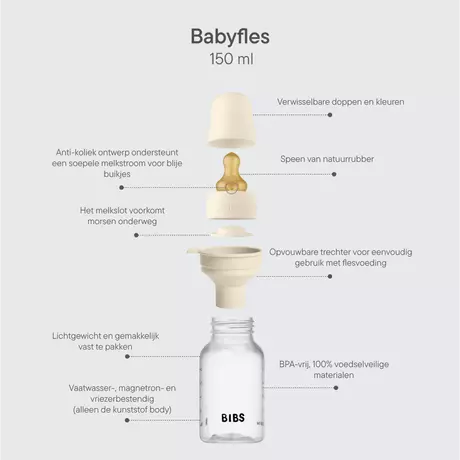BIBS Babyfles Slow Flow Latex Ivory incl. opvouwbaar trechtertje 150 ML
