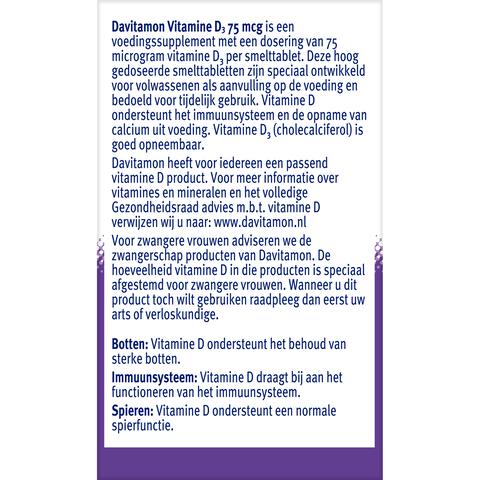 Davitamon Vitamine D3 75 MCG Smelttabletten 60+15 stuks