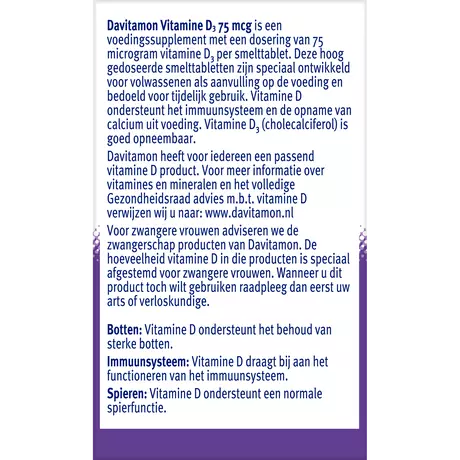 Davitamon Vitamine D3 75 MCG Smelttabletten 60+15 stuks