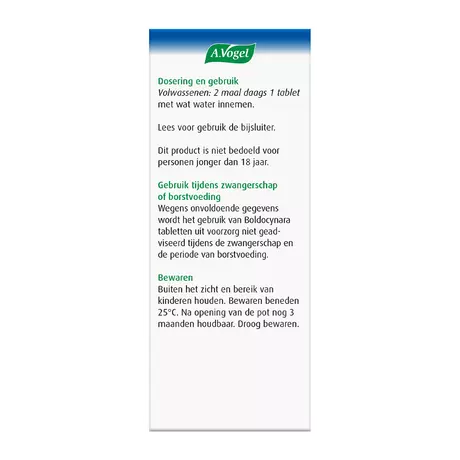 A.Vogel Boldocynara Bij Misselijkheid Opgeblazen Gevoel Tabletten 80 stuks